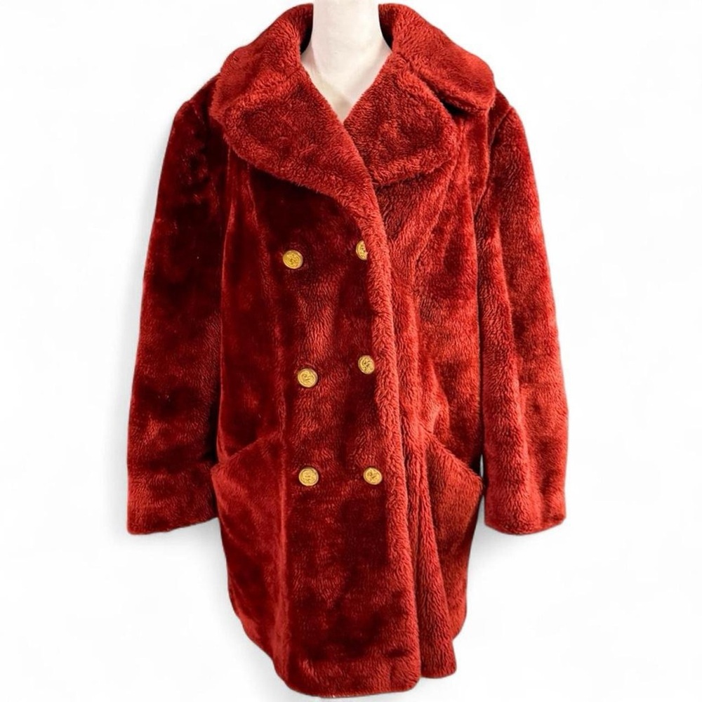 Vintage 1970s Sears Faux Fur Coat Size 18 Rust Orange Double Breasted